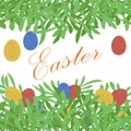 Postcard with Easter multi-colored eggs, painted Easter eggs, the inscription Easter, Easter eggs